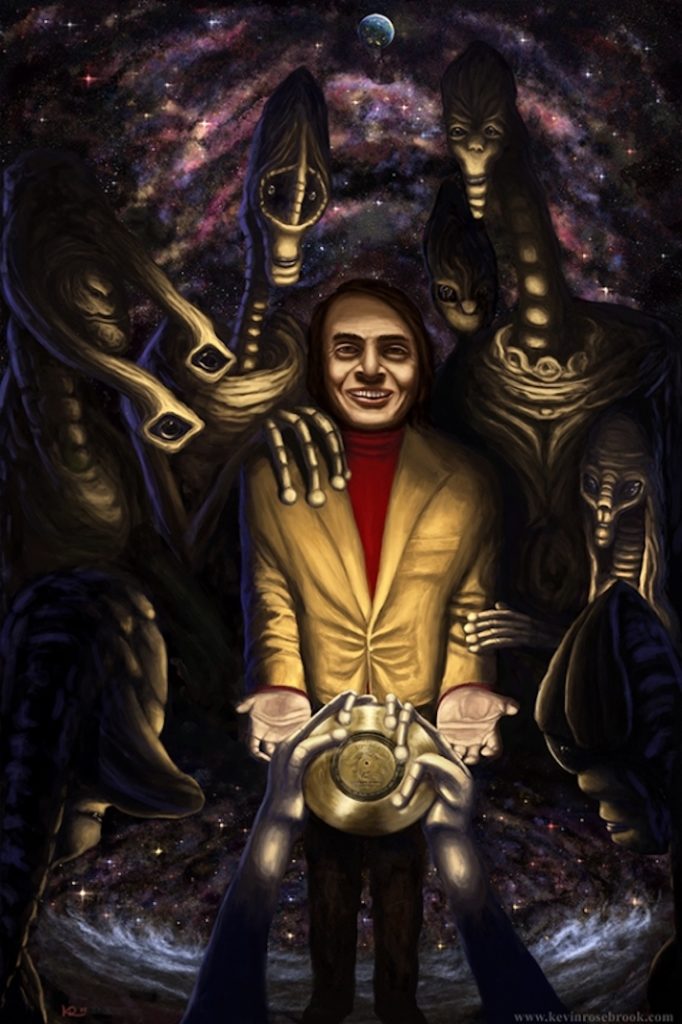 Carl Sagan with aliens illustration