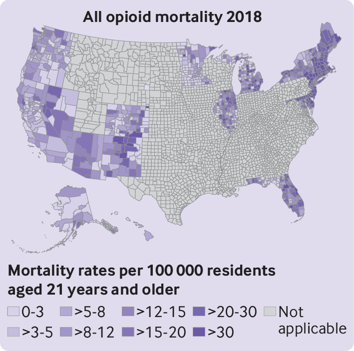 Opioid mortality rates in 2018 in the U.S.